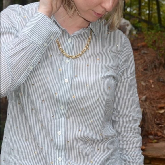 J. CREW Embellished Jeweled Button Down Striped Shirt Holiday Top Blue Gray 0 - Picture 6 of 7